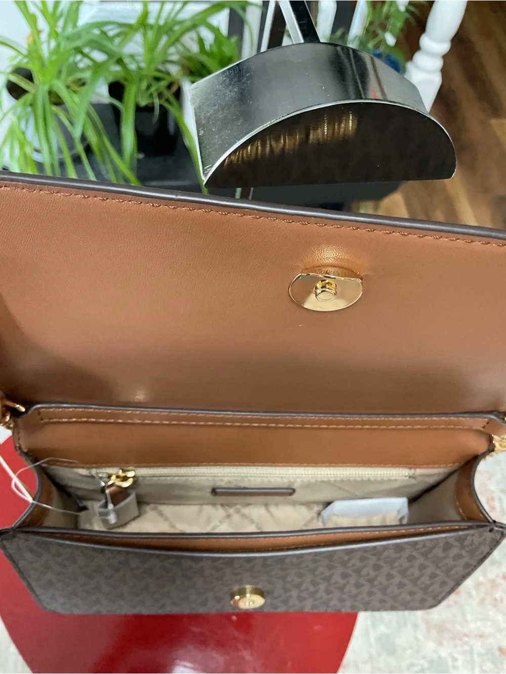 Michael Kors Jetset Brown Logo-Print Crossbody with Gold Chain NWT